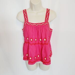 LOFT Women’s Top XS Pink White Linen Blend Embroidered Sleeveless Aztec Oversize